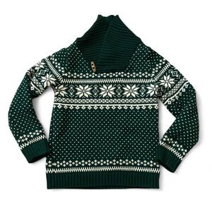 Tahari Sweater Boys Size 3T Green White Knit Snowflakes Pullover Winter Button